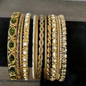 Set of 13 Gold and Green and white Bangles